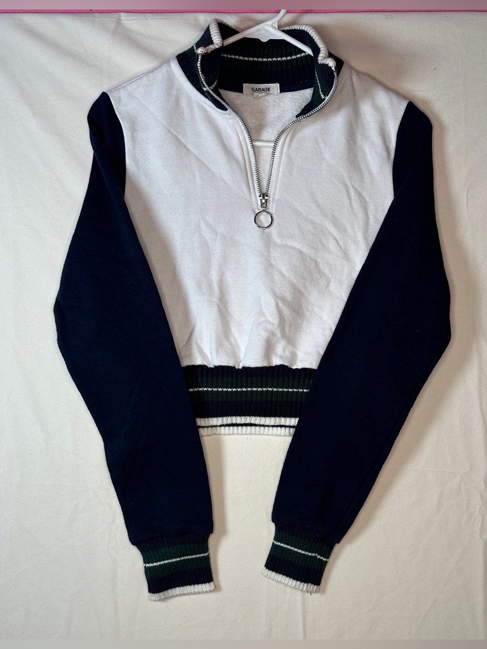 GARAGE White & Navy Quarter-Zip Crewneck Sweater fall aesthetic cozy warm Small